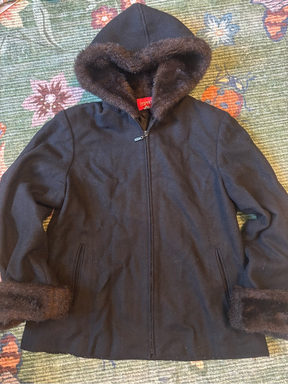Esprit Women's Brown Hooded Coat with Faux Fur Trim